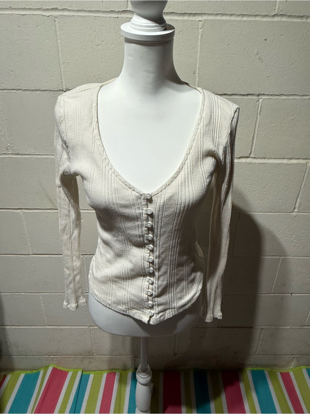 Anthropologie Ivory Ribbed Button-Front Top